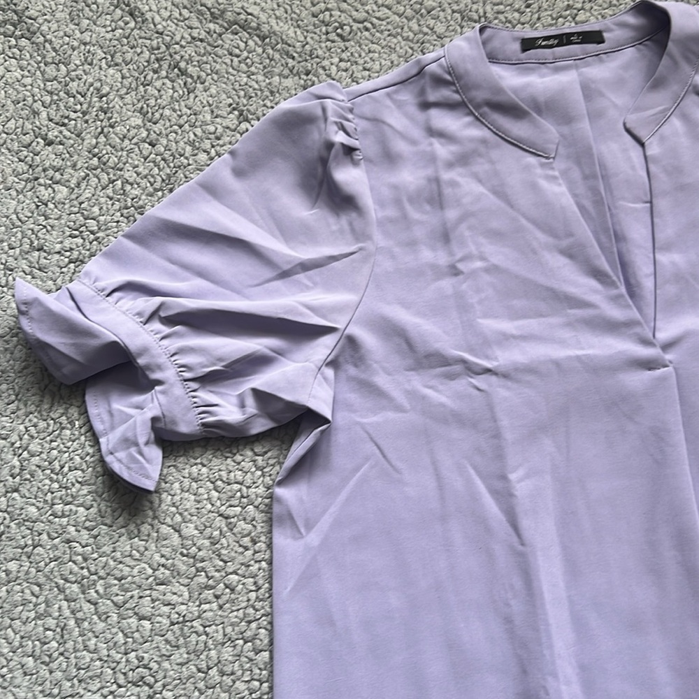Famulily V Neck Puff Sleeve Solid Loose Fit Casual Summer Flowy Shirt Dress - Picture 8 of 11